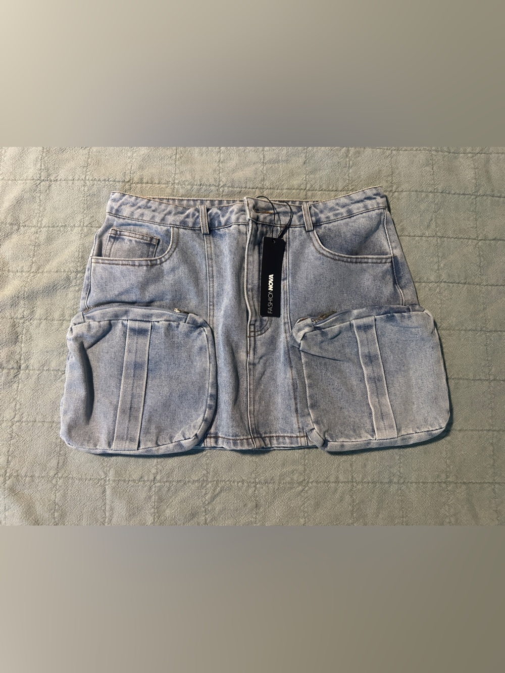 Fashion Nova Light Blue Denim Mini Skirt with Utility Details